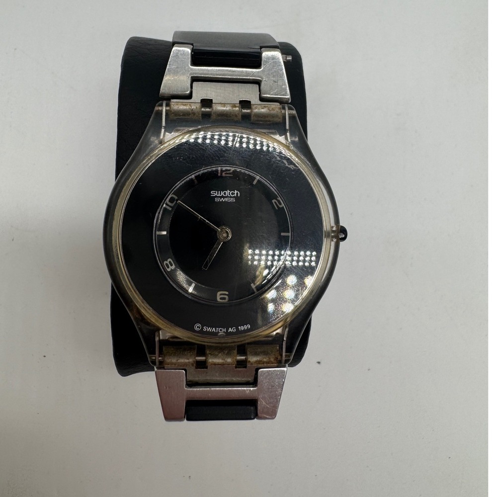 Swatch Skin 1999 Vintage Ultra Thin Watch Black Dial Silver Steel Rubber Strap‎